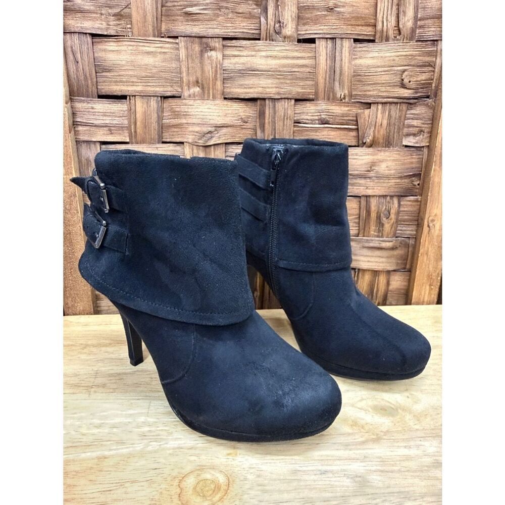 Women’s Black Suede Fold-Over Ankle Booties with Buckle Accent